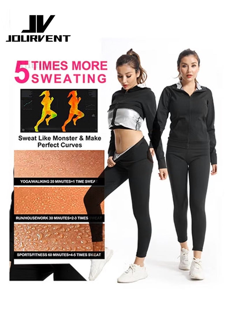 Jourvent Women's sauna suit, quick-drying and shaping, compression sweat-wicking sportswear, hooded zippered women's sauna sportswear set (including top and pants). - Image 4